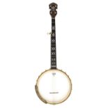 Gold Tone five string open back banjo, bearing the maker's trademark sticker fixed to the inside pot