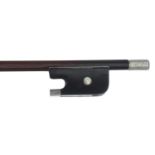 Interesting composite silver mounted violoncello bow, unstamped, the stick round, the ebony frog