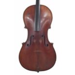 Late 19th century Neuner & Hornsteiner violoncello, unlabelled, the two piece back of very faint