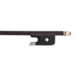 French nickel mounted Baroque violoncello bow, the stick fluted, the ebony frog inlaid with pearl