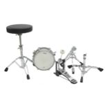 Mapex snare drum and stand; also a Mapex kick drum pedal and Pearl drum throne (3)