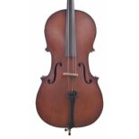 Late 19th century Mittenwald violoncello, unlabelled, the two piece back of plainish wood with