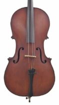 Late 19th century Mittenwald violoncello, unlabelled, the two piece back of plainish wood with