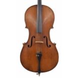 Late 19th century violoncello, unlabelled, the two piece back of faint medium curl with similar wood