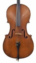 Late 19th century violoncello, unlabelled, the two piece back of faint medium curl with similar wood