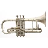 Silver plated cornet, signed C.G. Conn, overstamped Exchanged for, New Buescher, Elkhart Ind., 163",