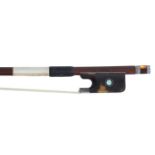 Silver mounted violoncello bow by and stamped Max Jorge, the stick octagonal, the faux tortoiseshell
