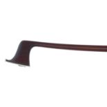 Nickel mounted violin bow, unstamped, the stick round, the ebony frog inlaid with pearl eyes and the