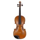 Violin by and labelled Anton Hertel Made, no. 172, 1912, 14 3/16", 36cm, bow