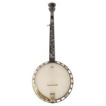 Sheridan five string open back banjo, with extensive mother of pearl foliate inlay to the