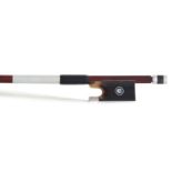 Good contemporary silver mounted violin bow, unstamped, the stick round, the faux tortoiseshell frog