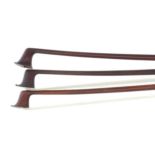 Three old nickel mounted violin bows. 49gm (without lapping and partially haired), 59gm and 60cm (