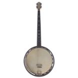 Abbott five string banjo converted to four string, with maple resonator, geometric mother of pearl