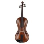 Interesting 19th century cornerless viola, unlabelled, the two piece back of plainish wood, with