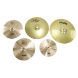 Five Paiste cymbals: pair of 15" Alpha Power hi-hat tops, 12" Alpha Power splash,18" Crash/Ride
