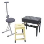Good contemporary adjustable folding piano stool, with button-back black leather seat, 25" wide