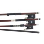 Three old nickel mounted violin bows and a bow stick (4)