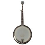 Gibson Mastertone five string banjo, with walnut banded resonator, mother of pearl stylised