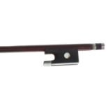 French silver mounted violin bow stamped Stentor, the stick round, the ebony frog inlaid with