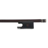French silver mounted violin bow stamped Harmand, the stick round, the ebony frog inlaid with