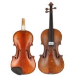 Interesting early 20th century violin with broken neck unlabelled, 13 15/16", 35.40cm; also an early