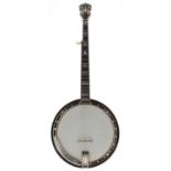 Maya five string banjo, with chequered banded sunburst resonator, geometric foliate inlay to the