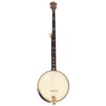Ode long neck model five string banjo with Jerry Webb open back body, with geometric mother of pearl