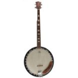 Old five string banjo with 11" skin and mother of pearl slot inlay to the fretboard; also a