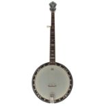 Gretsch Broadkaster Supreme five string banjo, with satinwood banded resonator, stylised foliate