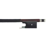 German nickel mounted violin bow stamped Bausch, the stick round, the ebony frog inlaid with small