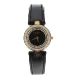 Raymond Weil gold plated lady's wristwatch, reference no. 5844, black dial, modern black leather