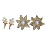 Two pairs of 9ct cultured pearl set earrings, the flower earrings 28mm, each with post and butterfly