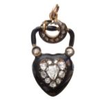 Victorian rose diamond set black enamel gold heart shaped mourning pendant, with a crescent mount