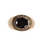 Heavy 18ct yellow gold gentleman's black and white and diamond ring, the black diamond 1.60ct