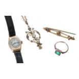 Lady's 9ct wristwatch, Green stone set ring, 9ct pendant on chain and a 9ct brooch
