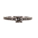 GIA certified 18ct white gold diamond ring with set shoulders, square cushion-cut centre stone, 0.