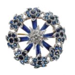 Attractive 18ct blue enamel sapphire and diamond circular floral design openwork brooch, the