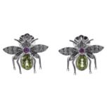 Pair 18ct white gold large fly style earrings set, with oval peridot, cabochon ruby and diamonds,