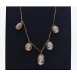 9ct cameo necklace, with five cameo portrait profile drops, 3.8gm, 15" long