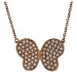 Modern 18ct pink-gold pavé diamond butterfly necklet, 2.7gm, the pendant 15mm wide; with box