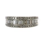 Modern 18ct white gold diamond half hoop ring, with a centre band of baguette-cut diamonds between