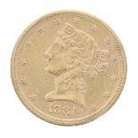 San Francisco 1881 year half eagle $5 US gold coin, 8.4gm