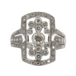 Fancy 18ct white gold pierced diamond plaque ring, set with round-cut diamonds in a milgrain