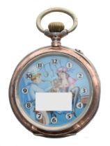 Silver (0.800) erotic pocket watch, cylinder movement no. 742052, inscribed metal hinged cuvette,