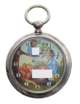 Silver (0.800) erotic pocket watch, cylinder movement, inscribed metal hinged cuvette, the printed