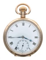 Syren gold plated lever pocket watch, signed movement, hinged cuvette, Roman numeral dial, within