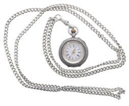 Attractive silver (0.935) cylinder engraved fob watch, 30mm; together with a white metal guard chain