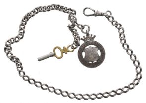 Silver curb watch Albert chain, with silver clasp, silver medallion fob and key, 15.75'' long
