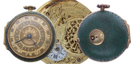 Good English 18th century gilt metal and shagreen verge pocket watch, the fusee movement signed Theo