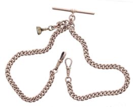 Good 9ct curb link double watch Albert chain, with end clasps and T-bar, each link hallmarked,